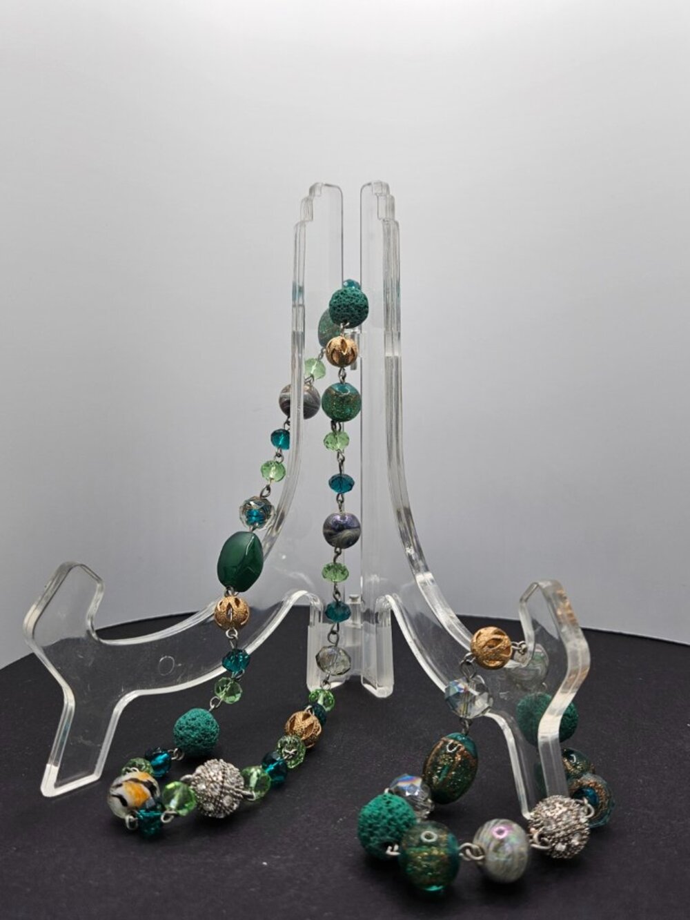 Vintage Green Gemstone & Crystal Bead Necklace & Bracelet Set 16" / 7" Boho